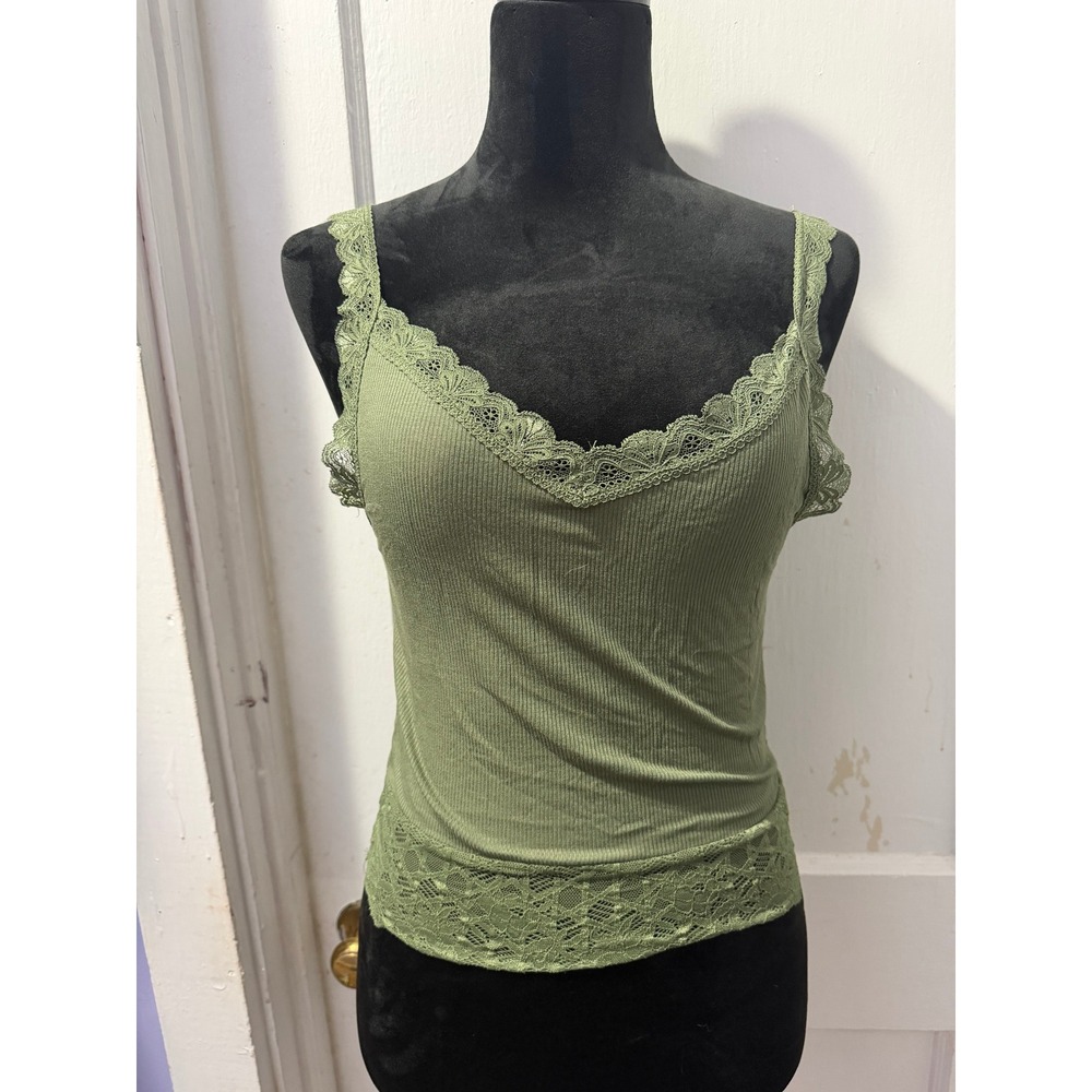 Unbranded Green Ribbed Tank Top Lace Trim V-Neck Camisole Small Sage Olive